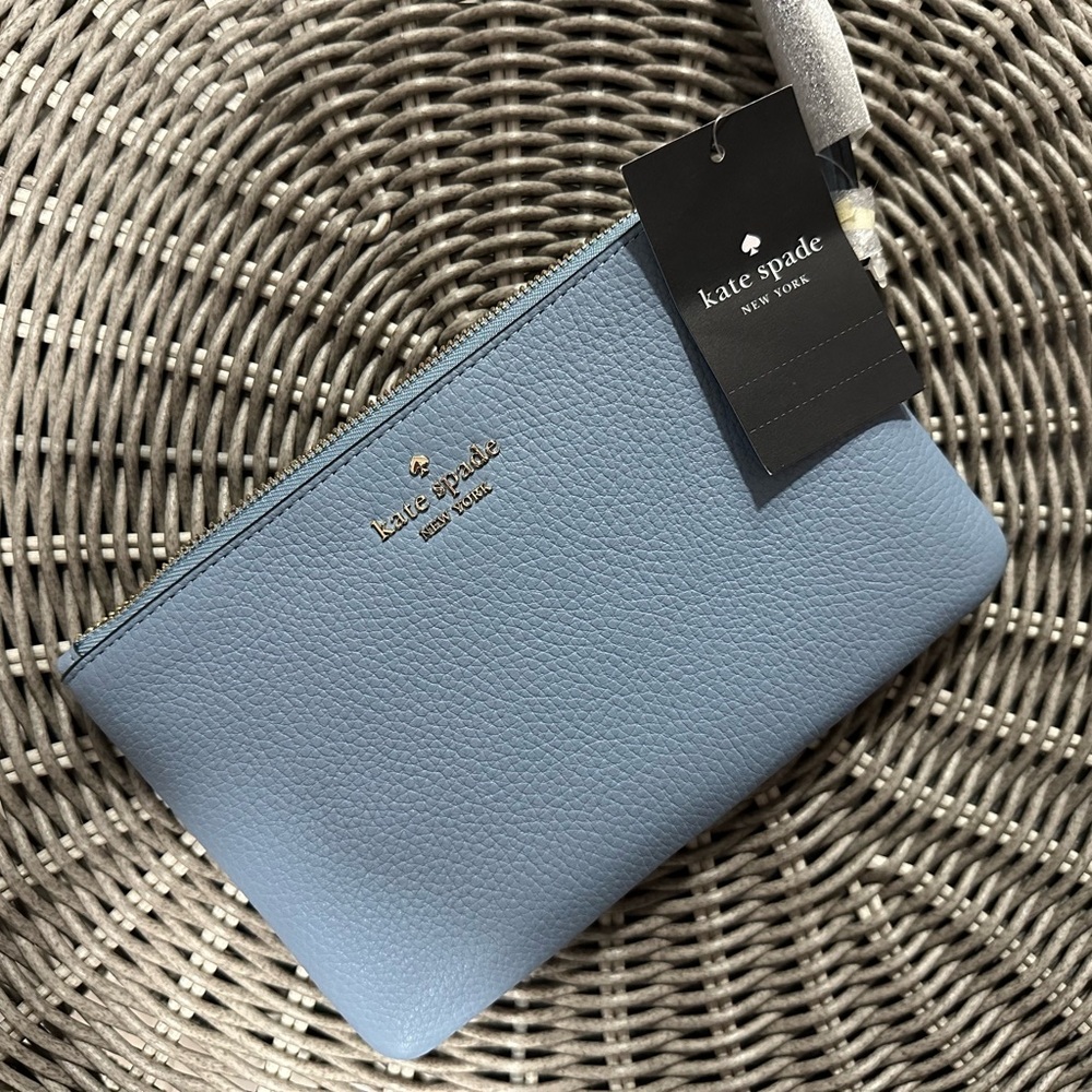 KATE SPADE LEILA L ZIP WRISTLET PEBBLED LEATHER POLISHED BLUE WALLET - Picture 4 of 5